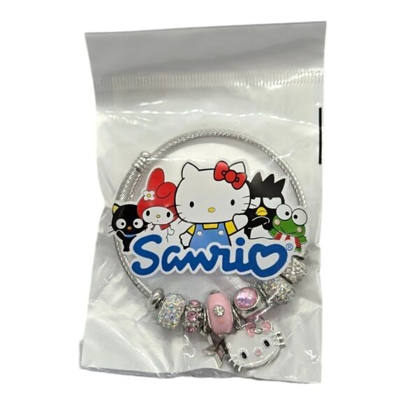 Hello Kitty Beaded Charm Bracelet Pink Rhinestone Silver Heart Bow Cat Jewelry - Picture 3 of 7